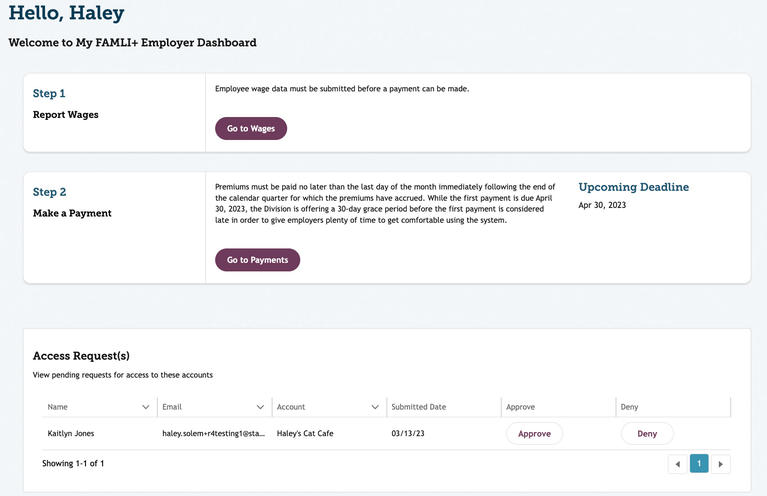 My FAMLI+ Employer Registration Access Approve or Deny